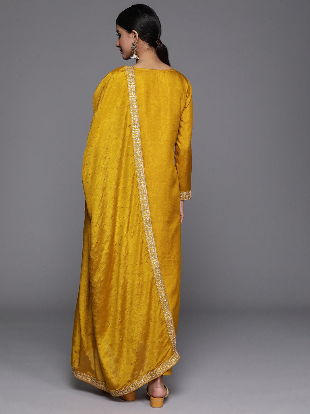 Yellow Party Wear Embroidery Worked Kurta With Pant And Duppata Set