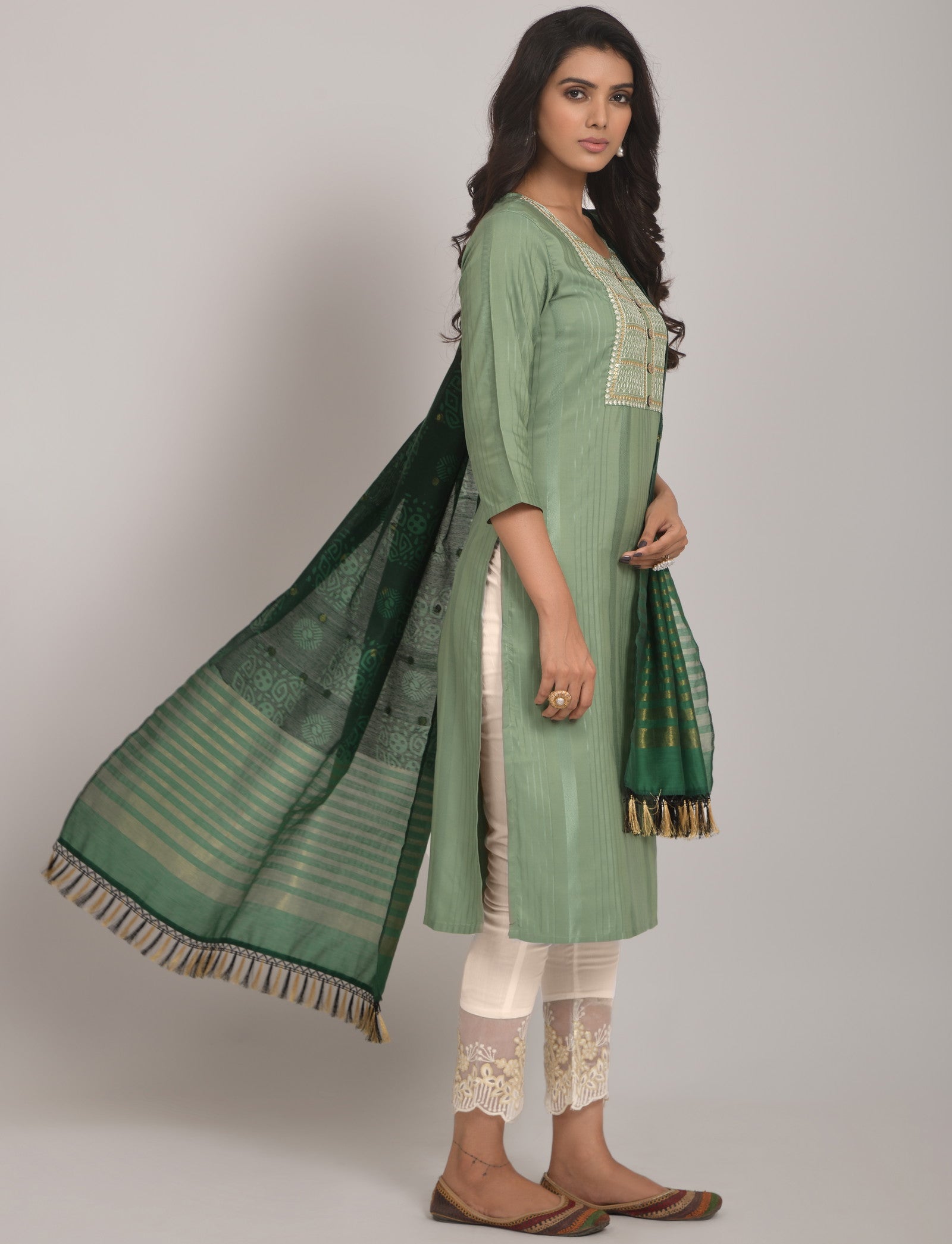 Pista Party Wear Embroidery Worked Kurta With Pant And Duppata Set