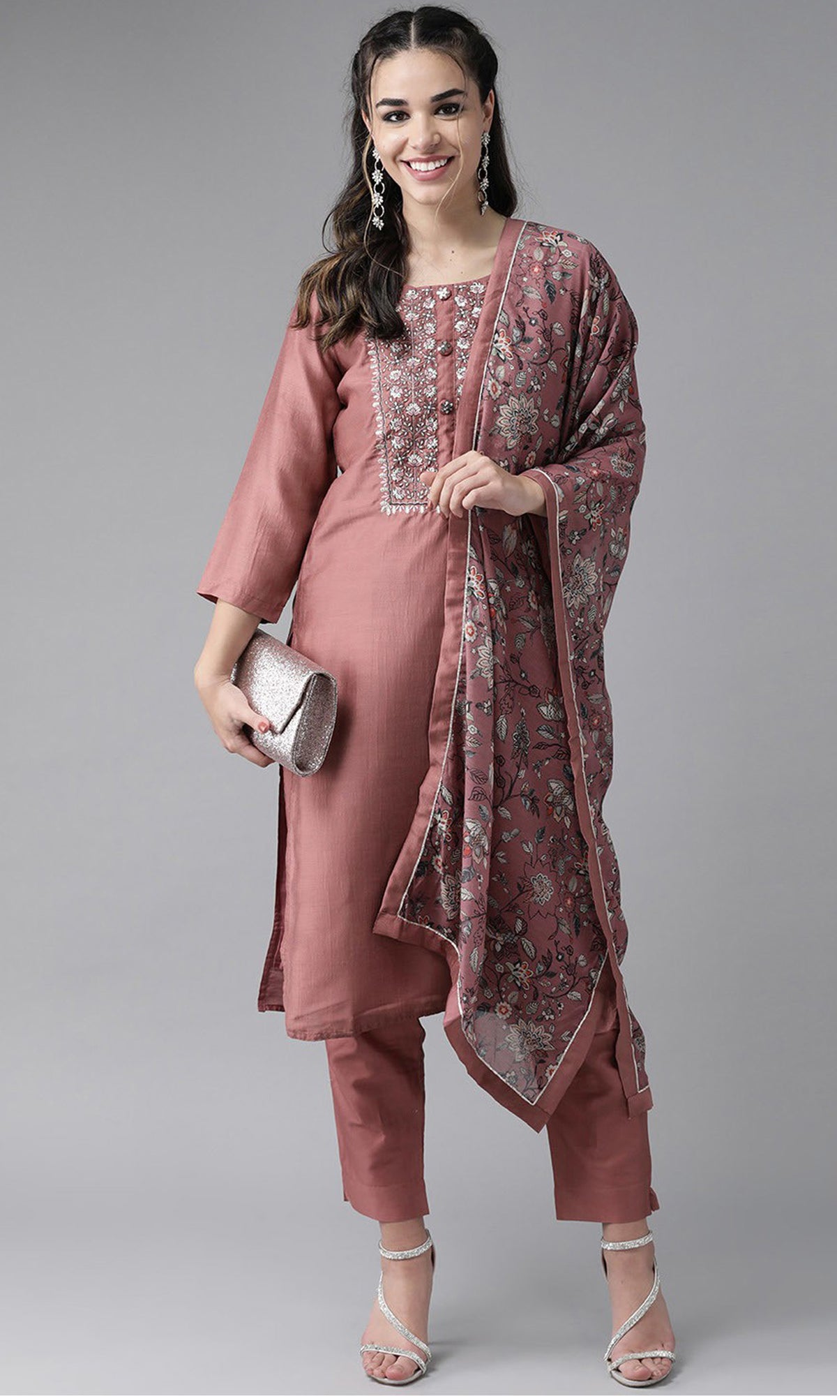 Peach Party Wear Embroidery Worked Kurta With Pant And Duppata Set