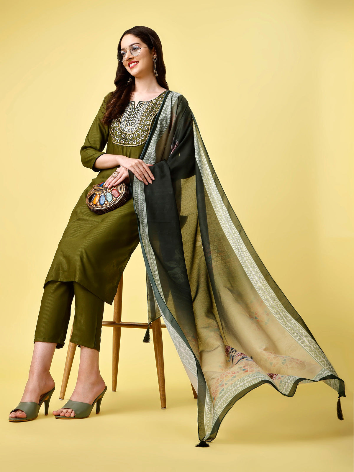 Green Party Wear Embroidery Worked Kurta With Pant And Duppata Set