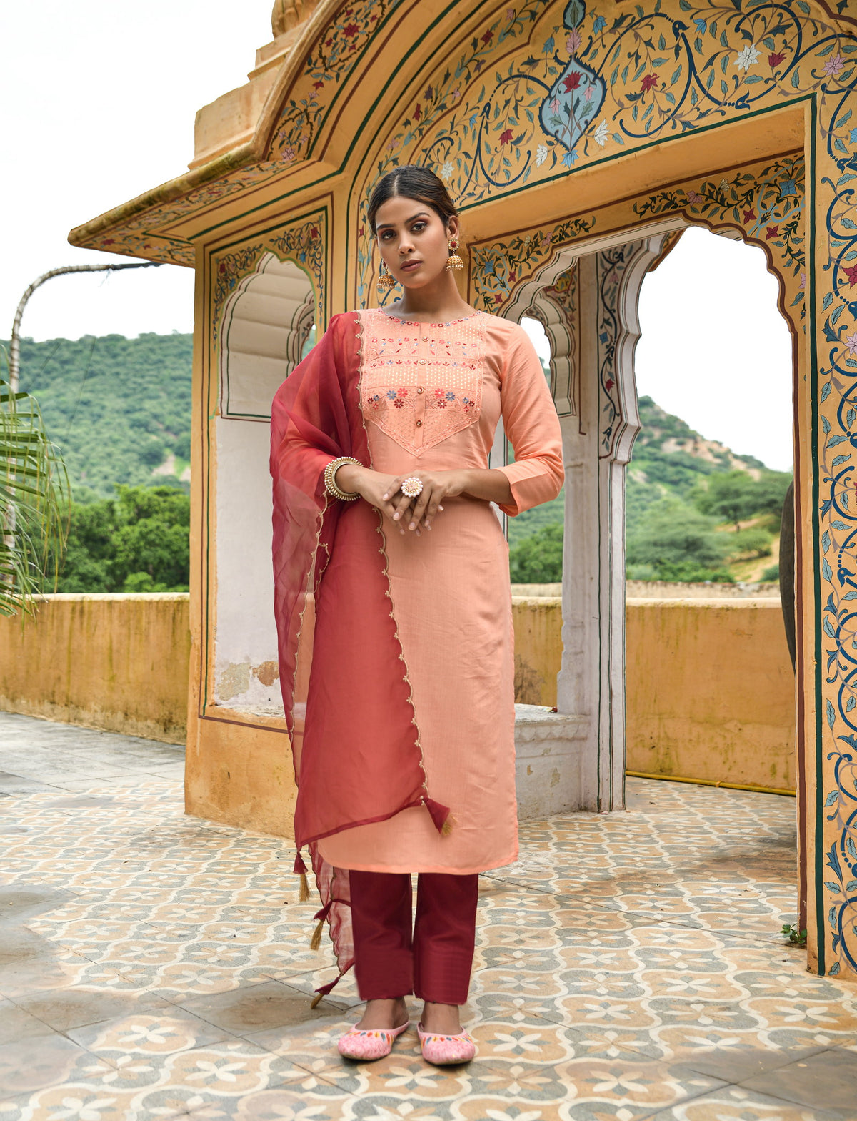 Peach Party Wear Embroidery Worked Kurta With Pant And Duppata Set