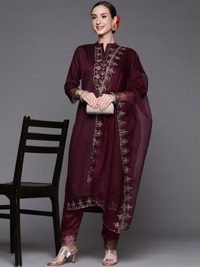 Wine Party Wear Embroidery Worked Kurta With Pant And Duppata Set