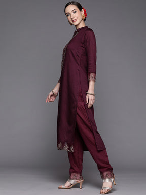 Wine Party Wear Embroidery Worked Kurta With Pant And Duppata Set