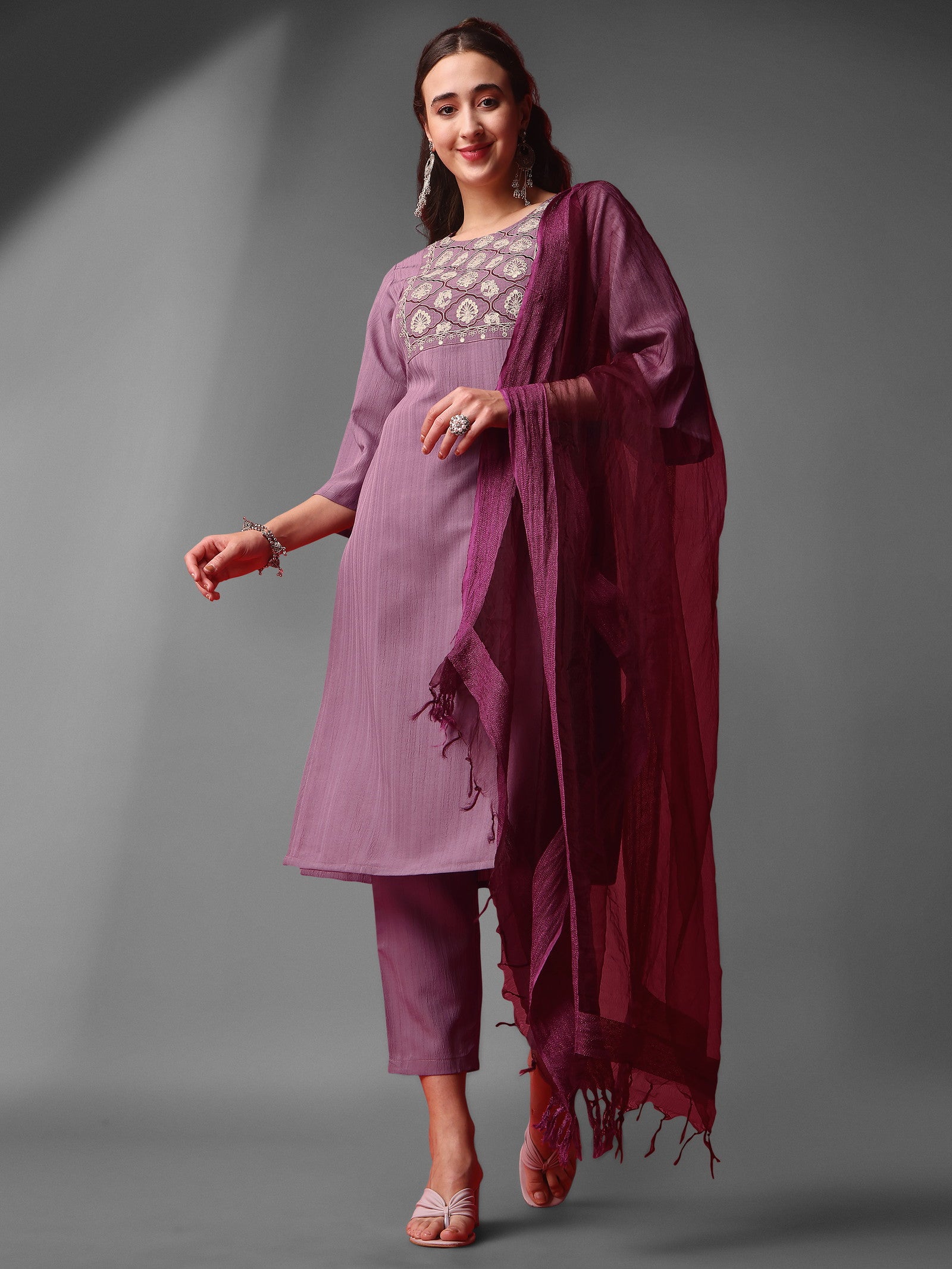 Purple Party Wear Embroidery Worked Kurta With Pant And Duppata Set