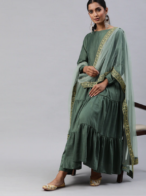 Green Party Wear Embroidery Worked Kurta With Pant And Duppata Set