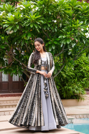 Light Gray Printed  Shrug Style Indo Western Gown For Women