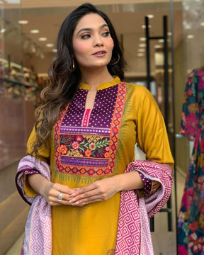 Women Embroidered Straight Kurta Set with Dupatta